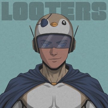 A superhero-style character wearing a penguin mask/hood, a blue cape, and a tactical visor, with the text 'LOOTERS' displayed across the top.