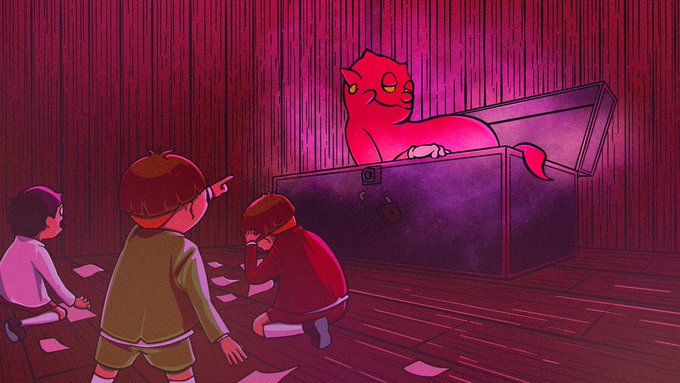 Three children gather around an open treasure chest as a mischievous pink devil-like creature emerges from inside, bathed in dramatic red lighting that evokes the eerie "trenches" trading atmosphere referenced in the post about $DOSA.