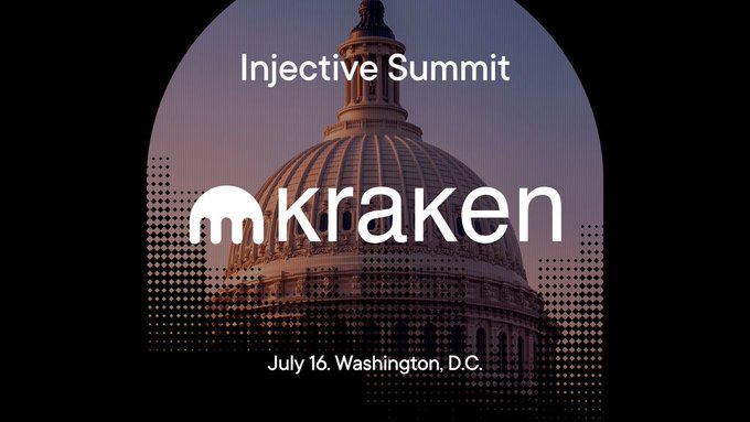 The image features a poster for an Injective Summit, which is being sponsored by Kraken. The poster displays a large building with a dome at its center, symbolizing the capital city of Washington D.C., as well as the name "Kraken" written in white letters on it. The text "Injective Summit" and "July 16th Washington D.C." are also visible on the poster.