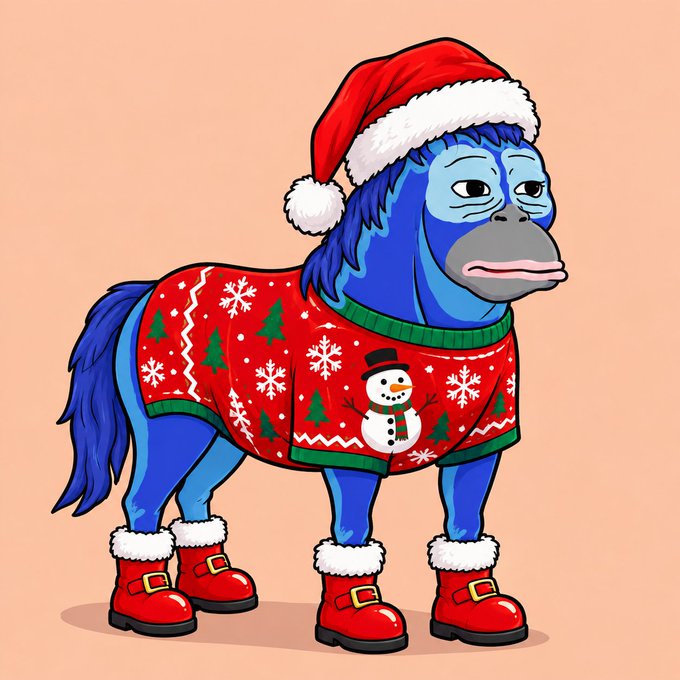 A cartoon illustration depicts a blue horse dressed in Christmas clothing, including a Santa hat, a red sweater with snowmen and tree patterns, and red boots.
