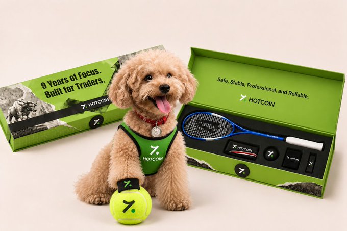 A fluffy tan poodle wears a green "HOTCOIN" harness beside an open Hotcoin branded gift box containing a blue squash racket, wristbands, and tennis ball, with the closed box reading "9 Years of Focus, Built for Traders" and "Safe, Stable, Professional, and Reliable." The promotional post highlights this Hotcoin squash racket gift set as the 2-person prize in a giveaway celebrating Qixi Festival alongside other merchandise items.