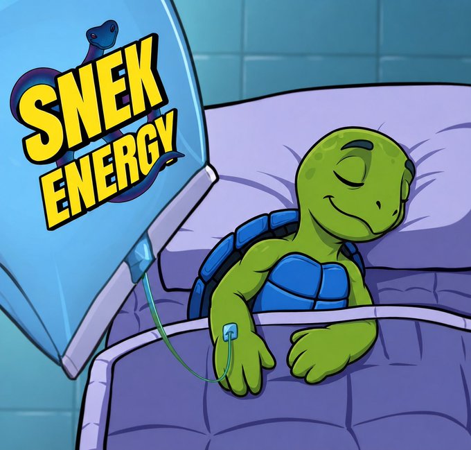 Cartoon illustration of a sleeping green turtle wearing a blue vest, connected to an IV drip, with bold yellow 'SNEK ENERGY' text and a snake logo in the upper left.
