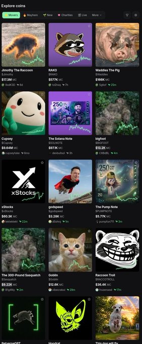 A mobile app screenshot showing an "Explore coins" page with meme-based cryptocurrencies featuring animal images like "Jimothy The Raccoon," "Waddles The Pig," and "Catsby."