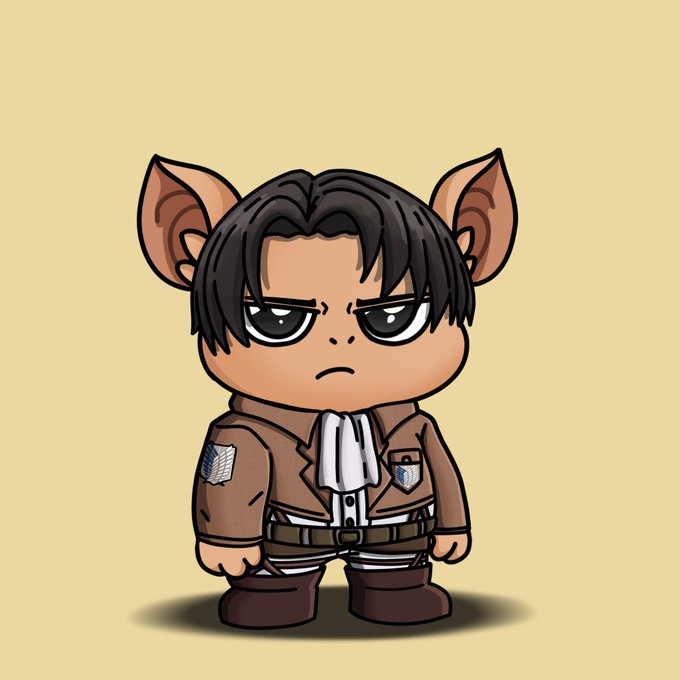 A chibi-style cartoon illustration of a character resembling Levi Ackerman from Attack on Titan, featuring large pointed ears, black hair, and a serious expression, wearing the Survey Corps brown leather jacket.