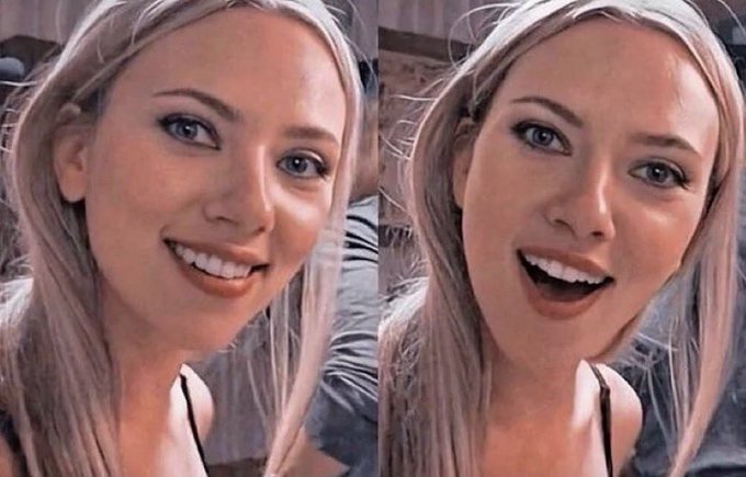 The same side-by-side comparison of the young blonde woman, showing a closed-mouth smile on the left and an open-mouthed smile on the right.