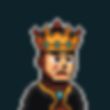 A pixel art image of a king character wearing a red crown and royal attire, rendered with a blurred effect.