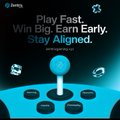 A digital illustration of a dark blue arcade joystick on a bright cyan background with the text 'Play Fast. Win Earn Early. Stay Aligned.'