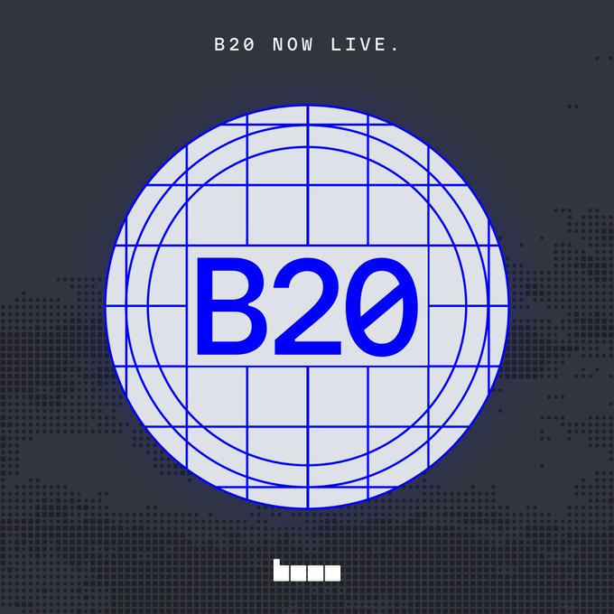 A promotional graphic with a blue globe design and bold 'B20' text, announcing 'B20 NOW LIVE.'