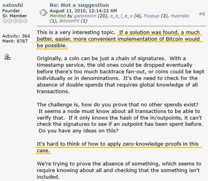 A forum post by 'satoshi' (Founder Sr. Member) from August 11, 2010 titled 'Re: Not a suggestion', discussing Bitcoin implementation, zero-knowledge-proofs, and the challenge of proving the absence of double-spends.