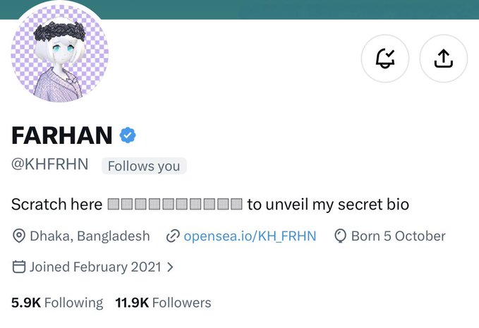 This image shows a Twitter/X profile for "FARHAN" (@KHFRHN) with a verified blue checkmark, featuring an anime-style avatar, a "Follows you" badge, and a secret bio that requires scratching. The profile indicates they are based in Dhaka, Bangladesh, born October 5, joined February 2021, and have 5.9K following and 11.9K followers.

The accompanying post announces a free mint raffle for GTD + FCFs being hosted in various communities, suggesting this profile belongs to the artist or creator behind the featured NFT collection being given away.