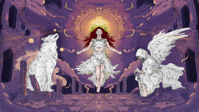 An illustration showing a red-haired woman in a white dress floating in the center of a purple, ancient-looking ruin, flanked by a white wolf on the left and a winged, kneeling figure on the right, all illuminated by a golden halo behind her.