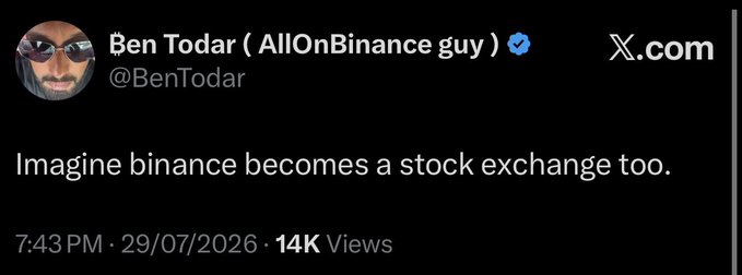 A tweet from Ben Todar (@BenTodar) dated 7:43 PM on 29/07/2026 with 14K views reads: 'Imagine binance becomes a stock exchange too.'