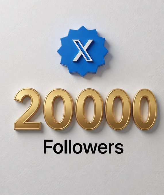 A celebratory graphic displaying the X (formerly Twitter) logo as a blue badge above large gold 3D numbers reading '20000' with 'Followers' written beneath on a white background.