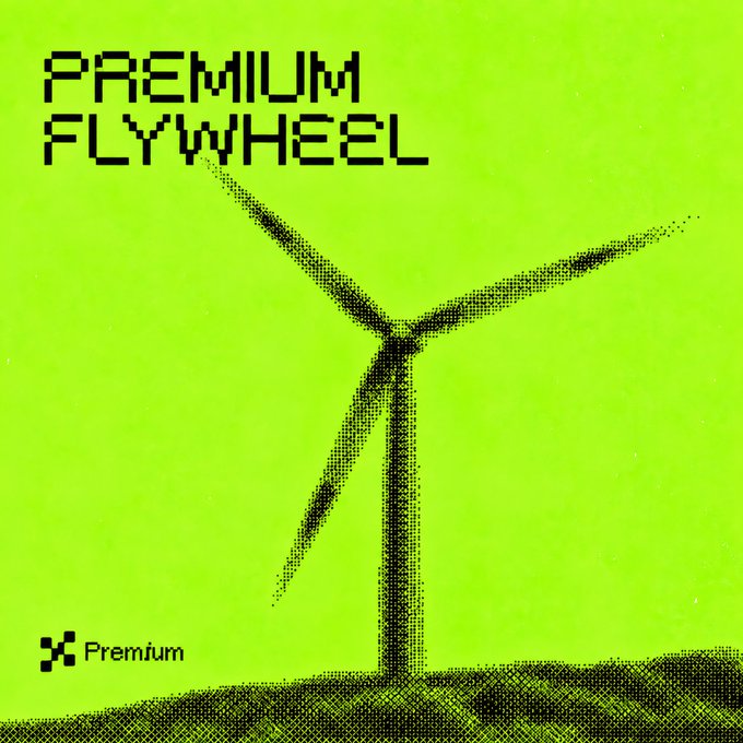A pixelated wind turbine stands against a neon green background with the bold text "PREMIUM FLYWHEEL" in the upper left corner and a small "Premium" logo in the bottom left, visually representing the energy-generating ecosystem described in the post about deploying ETH and $PRM creator fees through TWAP purchases to support migrated Premium ecosystem coins.