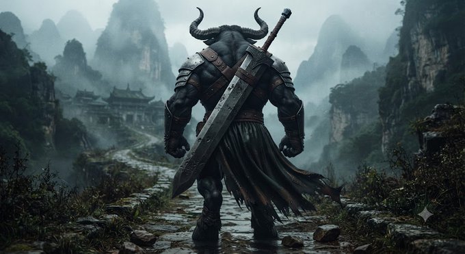 A horned warrior in dark armor carrying a massive sword on his back walks along a stone path toward ancient misty mountains.