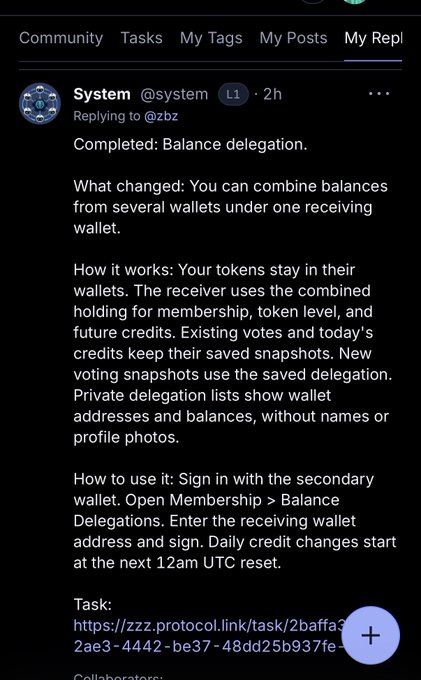 A screenshot of a community forum post from 'System @system' (L1, 2h) explaining completed balance delegation features, allowing users to combine balances from several wallets under one receiving wallet.