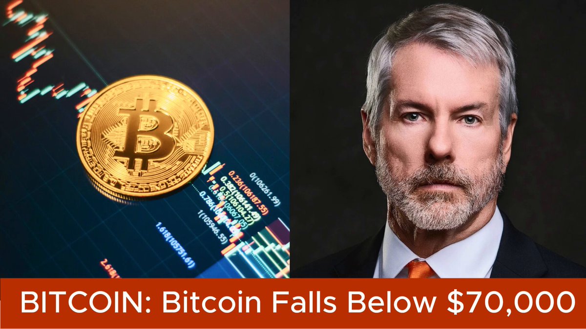 The image features an infographic with two photos side by side, both depicting a man wearing a suit and tie, likely at a formal event or meeting related to Bitcoin. The man is standing next to a chart or graph that has Bitcoin falling below $70,000 after several days of trading. The infographic also includes text above the images stating that the Bitcoin price fell below $70,000 after Strategy sold 32 Bitcoin to help fund dividend payments tied to its STRC. The text suggests that the event's focus is on Bitcoin and its recent price drop in relation to the market strategy and dividend payments.