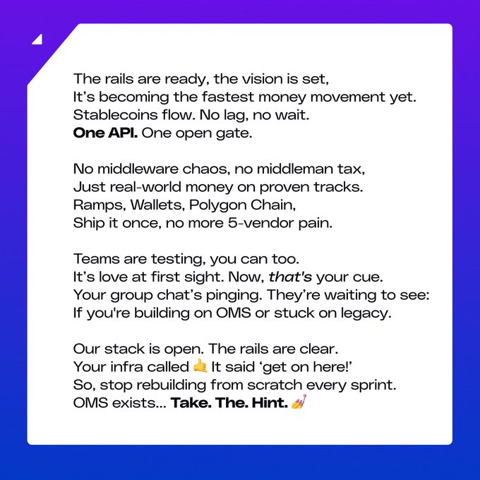 The image features a white background with black text that reads "The rails are ready, the vision is set. It's becoming the fastest money movement yet. Stablecoins flow. No middleware chaos. Just real-world money on proven tracks. Ramps. WALLETS. Polygon Chain. No more vendor pain." The image also includes a small cartoon of a person holding a wallet and a piece of paper with text about stablecoins, which is related to the post's title.