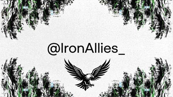 A stylized graphic featuring a black eagle emblem in the center with the handle '@IronAllies_' above it, framed by abstract black and green foliage patterns on a textured white background.
