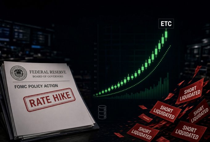 A financial graphic depicting a Federal Reserve 'FOMC POLICY ACTION - RATE HIKE' document beside a green ascending chart labeled 'ETC' and multiple red 'SHORT LIQUIDATED' alerts.
