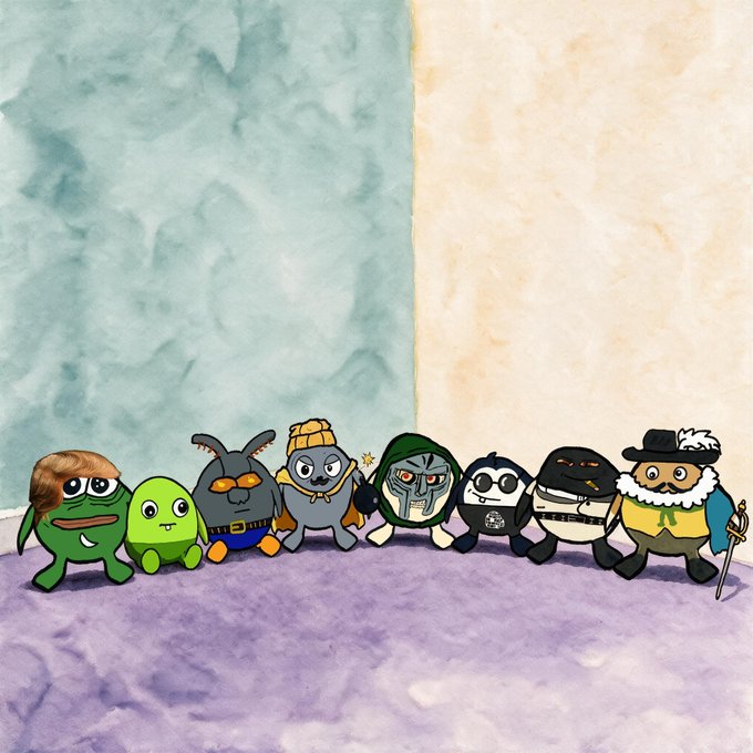 A whimsical cartoon illustration features a lineup of eight characters dressed as famous figures, including what appears to be a caricature of Donald Trump and characters styled as Donkey Kong, a Viking, Doctor Doom, a penguin, a ninja, and a Renaissance man with a sword.