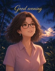An anime-style illustration of a young woman with glasses and short dark hair wearing a pink shirt, with the text 'Good evening' at the top against a twilight sky background.