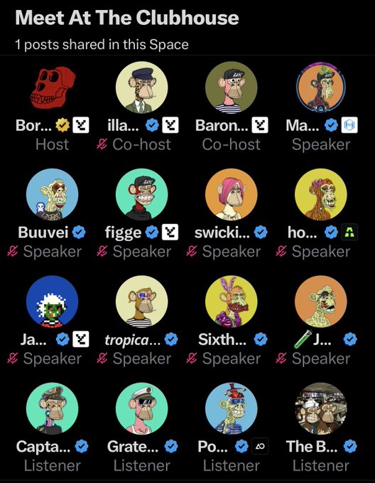 Screenshot of a Clubhouse Space titled 'Meet At The Clubhouse' showing 16 participants with Bored Ape Yacht Club-style NFT profile pictures, including hosts, co-hosts, speakers, and listeners.