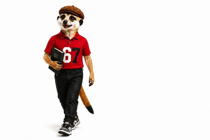 The image shows an anthropomorphic meerkat walking forward, wearing a red polo shirt with the number "67" printed on it, black pants, sneakers, and a brown cap, while carrying a black book. This visually personifies the "$67" token mascot, reinforcing the post's message that $67 holders must complete the activity check by tomorrow to secure their spot in the chat and the first wave of the $67 drop.
