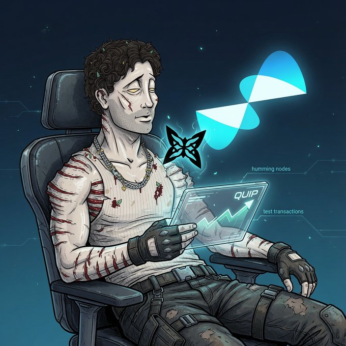 A cartoon-style character with curly hair and bloodied clothes sits in a chair holding a transparent tablet displaying 'QUIP' and a rising chart, with holographic radiation symbols and labels 'humming nodes' and 'test transactions' floating nearby.