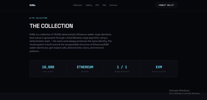 The EVMs NFT collection website on Ethereum, featuring 10,000 unique wallet-style identities generated as 1/1 grid-based cells.