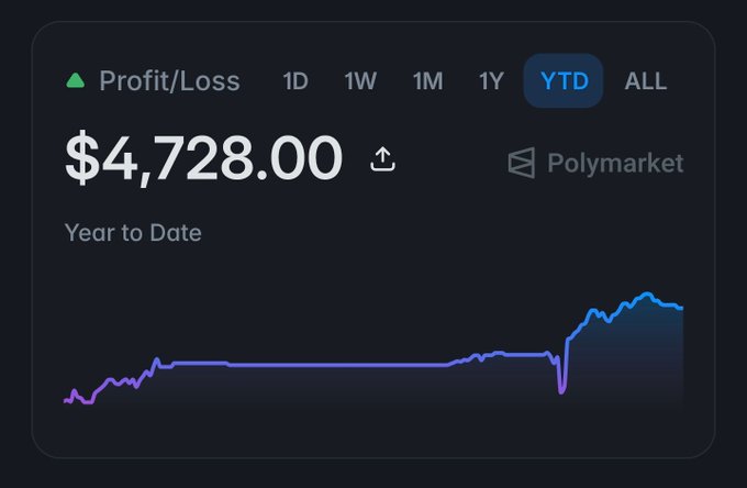 Screenshot of a Polymarket profit/loss dashboard showing a YTD gain of $4,728.00 with a purple line graph trending upward.