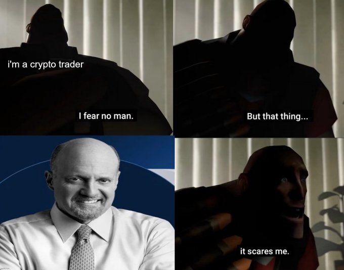 A four-panel meme using Team Fortress 2's Heavy character saying "I'm a crypto trader. I fear no man. But that thing... it scares me," with the feared "thing" being a smirking photo of US Senator Mike Lee.