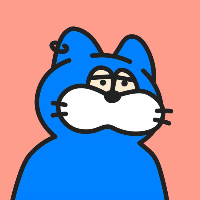 A blue cartoon cat with droopy eyes and a neutral expression is set against a peach background, giving off a sleepy or indifferent vibe that contrasts with the post's announcement of a completed whitelist phase and open community collaboration opportunities. The cat's unbothered look may humorously reflect a relaxed post-milestone mood.