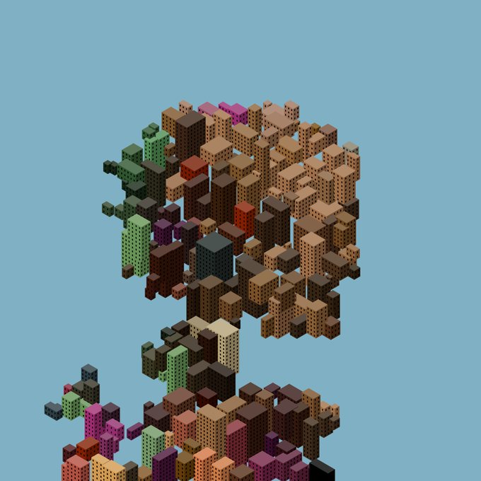 A 3D voxel art rendering of a skull composed of various colored and textured blocks against a solid light blue background.