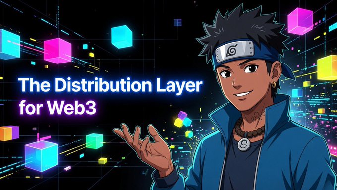 Anime-style character with a ninja headband against a neon city backdrop, with text reading 'The Distribution Layer for Web3'.