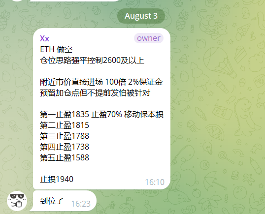 A screenshot of a Telegram chat dated August 3 at 16:10 showing a trading plan for ETH shorting, with multiple profit targets (1835, 1815, 1788, 1738, 1588) and a stop loss at 1940, followed by a reply "到位了" (arrived) at 16:23—illustrating the risky "all-in on a single trade" mentality the post warns against for small fund traders.