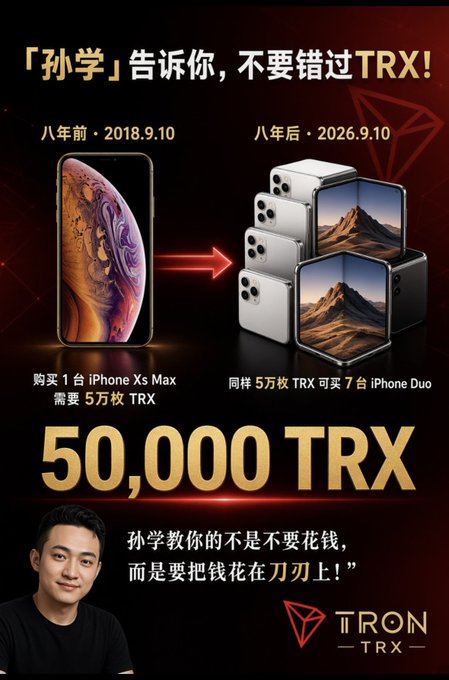 A promotional graphic for TRON (TRX) featuring Justin Sun, comparing the price of an iPhone Xs Max in 2018 to seven 'iPhone Duos' in 2026, with the text '50,000 TRX'.