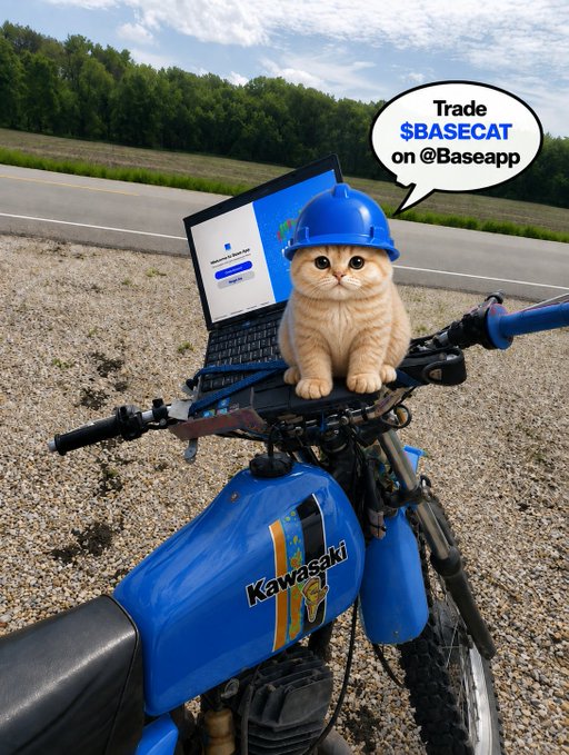 A blue hard hat-wearing cat sits on a Kawasaki motorcycle with an open laptop displaying a trade screen, accompanied by a speech bubble reading "Trade $BASECAT on @Baseapp" to promote trading the $BASECAT token on Base app.