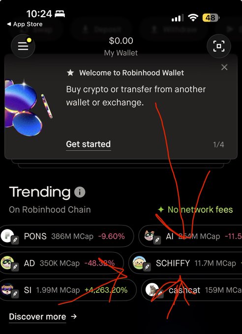 A screenshot of the Robinhood Wallet app shows a '$0.00' balance and a 'Welcome to Robinhood Wallet' welcome screen, with 'Trending' cryptocurrencies listed below, including PONS, AD, SI, and SCHIFFY.