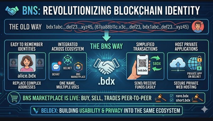 An infographic titled 'BNS: REVOLUTIONIZING BLOCKCHAIN IDENTITY' comparing 'THE OLD WAY' of complex addresses with 'THE BNS WAY' of simplified '.bdx' identities, featuring the BELDEX logo.
