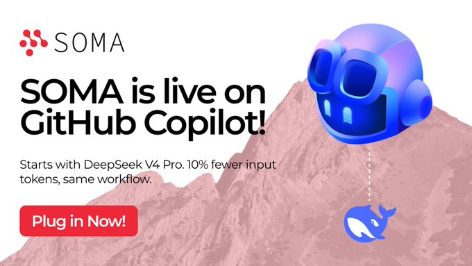 The promotional graphic announces "SOMA is live on GitHub Copilot!" featuring a blue robot mascot beside the SOMA logo, with text highlighting it "Starts with DeepSeek V4 Pro. 10% fewer input tokens, same workflow" and a red "Plug in Now!" button. The image directly supports the post's announcement of SOMA's GitHub Copilot integration, visually representing the decentralized AI tool being "plugged in" to developers' familiar coding environment, while the DeepSeek V4 Pro mention reinforces the practical, workflow-friendly approach described.