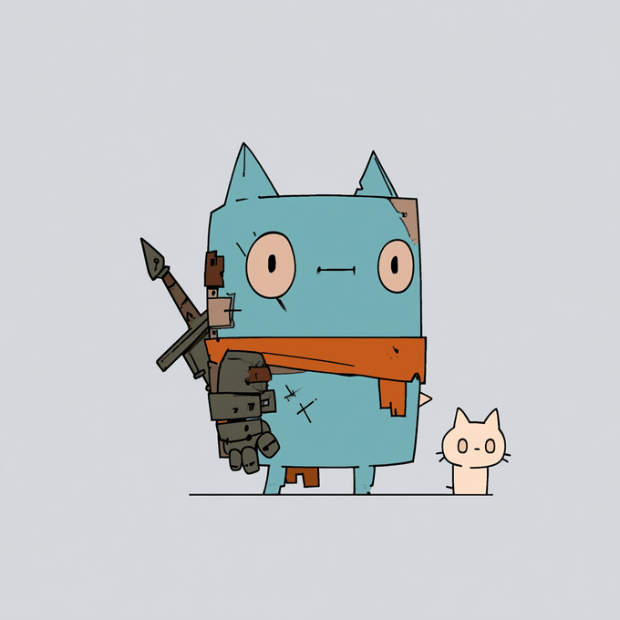 A cartoon illustration of a blue, blocky cat-like warrior with a sword on its back and an armored gauntlet, standing next to a small white cat, in an art style reminiscent of Bravest Warriors.