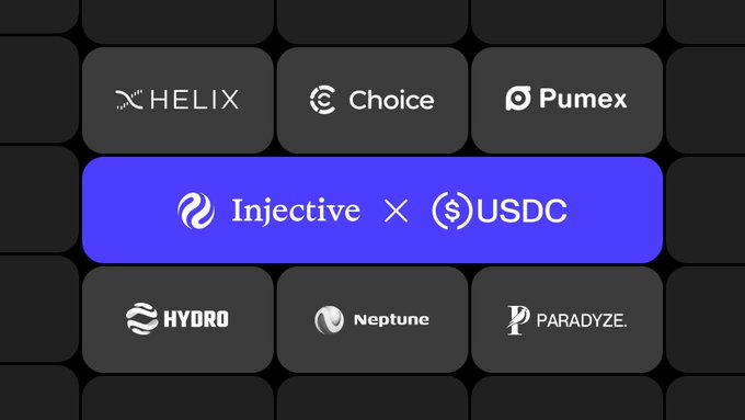 A graphic displaying various crypto project logos arranged in a grid, with a highlighted blue center banner reading 'Injective x USDC'.