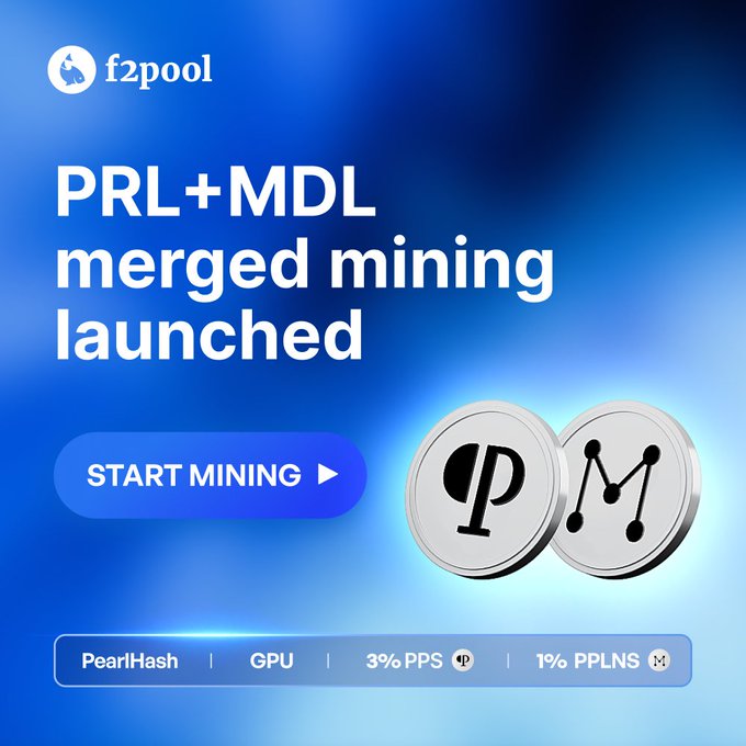 A promotional graphic from f2pool announces the launch of PRL+MDL merged mining, featuring a "START MINING" call-to-action button alongside coins displaying the "P" and "M" logos for Pearl (PRL) and modelOS (MDL). The bottom banner highlights the PearlHash algorithm, GPU support, and payout structures of 3% PPS for PRL and 1% PPLNS for MDL, visually reinforcing the post's announcement about GPU miners being able to earn dual rewards through merged mining on f2pool.