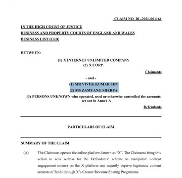 A legal document from the Business and Property Courts of England and Wales, Claim No. BL-2026-001161, involving X Internet Unlimited Company against persons including Mr Vivek Kumar and Ms Tamvang Sherpa.