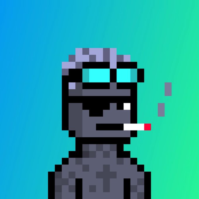 Pixel art of a gray robot-like figure wearing blue sunglasses and smoking a red-tipped cigarette against a teal gradient background.