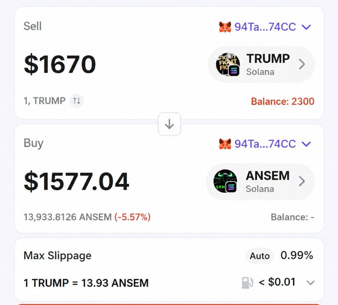 A cryptocurrency swap interface showing the sale of 1 TRUMP ($1,670) from a balance of 2,300 in exchange for 13,933.8126 ANSEM ($1,577.04) on Solana, reflecting a 5.57% decline. The transaction visually represents the post's apology to $TRUMP holders while swapping into $ANSEM.