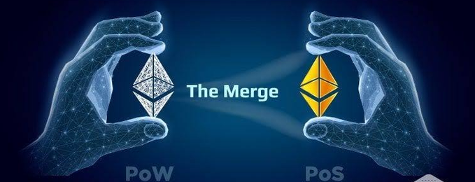 A digital graphic illustrates "The Merge" between Ethereum's PoW (Proof of Work) and PoS (Proof of Stake) blockchains, depicted as glowing logos held by wireframe hands.