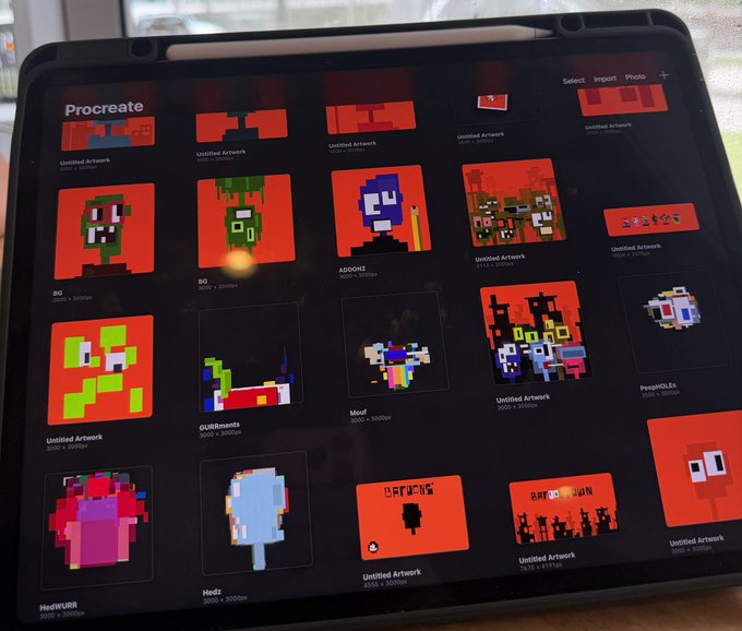 A tablet screen displays the Procreate app gallery, showing various pixel art projects on red backgrounds with titles like 'Untitled Artwork', 'BO', 'ADDONS', 'GURRents', and 'Medz'.