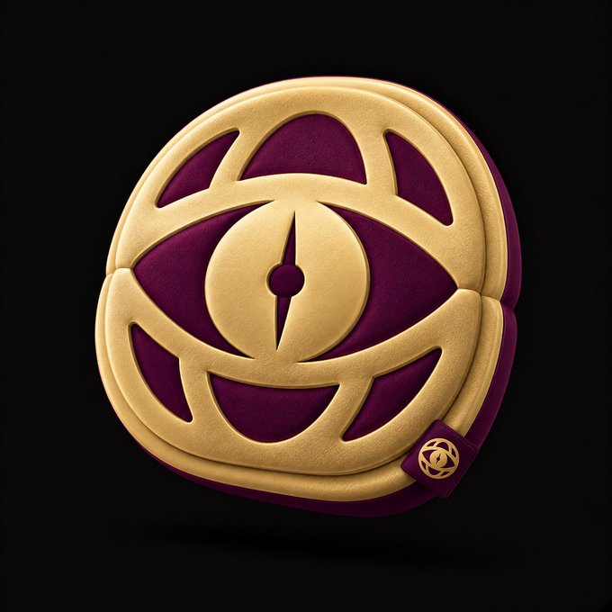 A round cushion or pouf featuring a gold and purple design resembling a stylized eye or wheel emblem against a dark background.